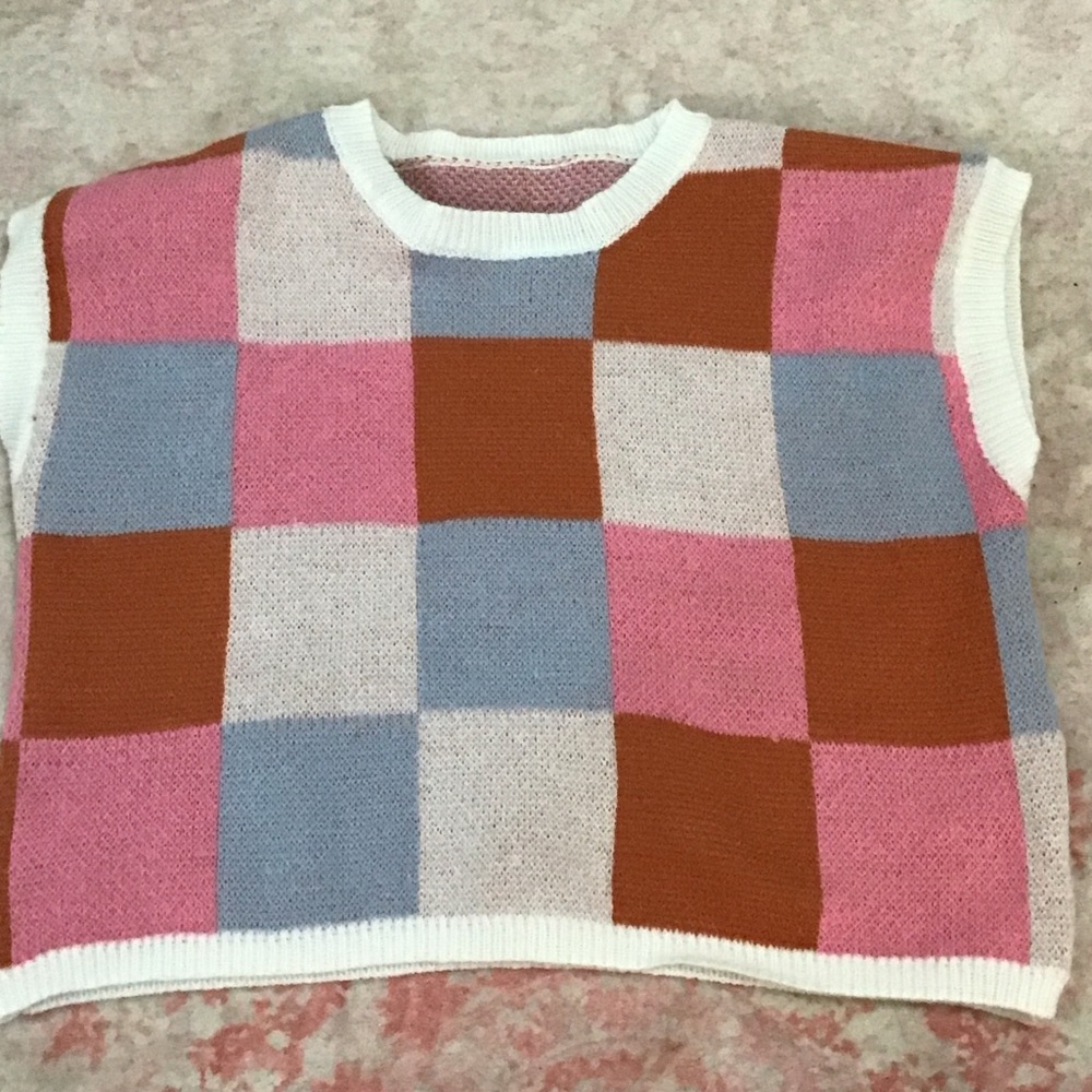SHEIN Pink, Blue, and Brown Checkered Sweater
